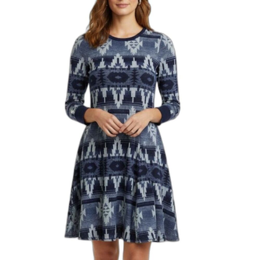 Lauren Ralph Lauren Women's Blue Aztec Print Henley Fit & Flare Dress Size XS